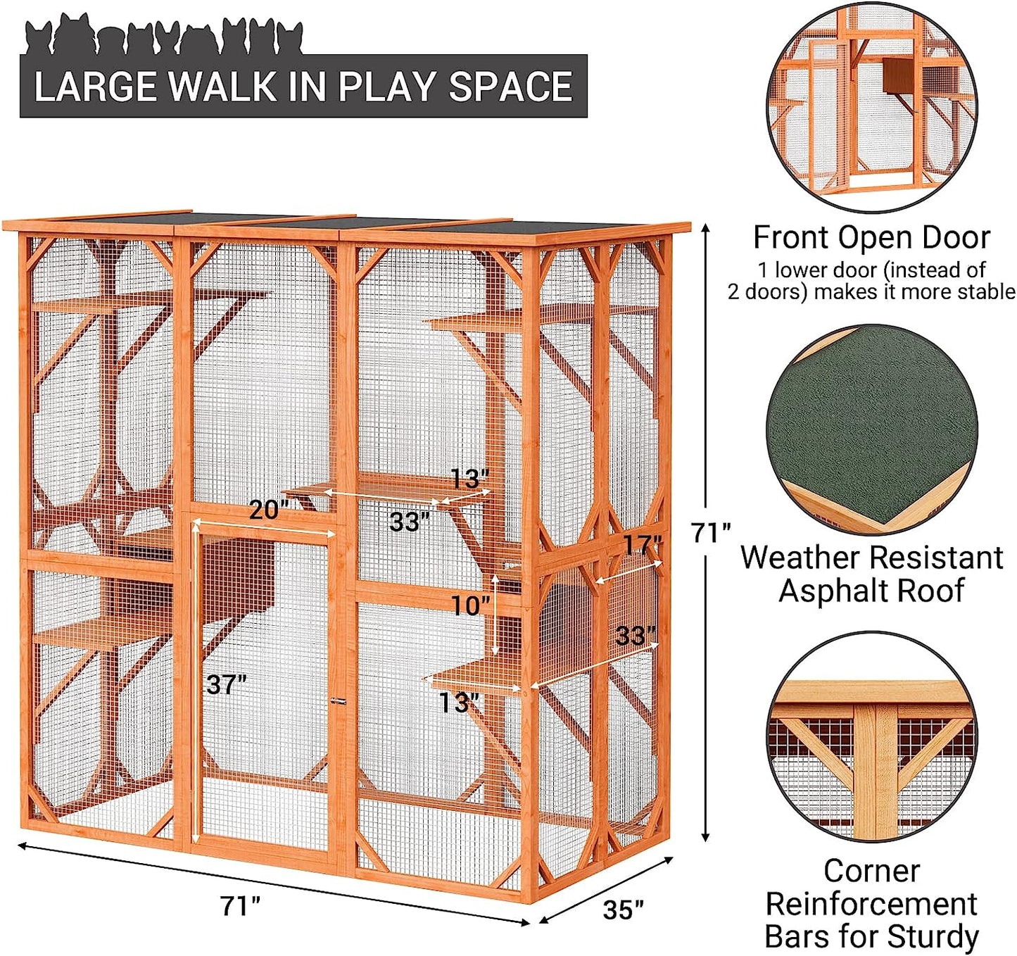 NARTRU Large Wooden Outdoor Cat Catio Enclosure, Large Cat House with Weather Protection, Walk in Cat Cage Condo with Super Large Enter Door ( Orange )