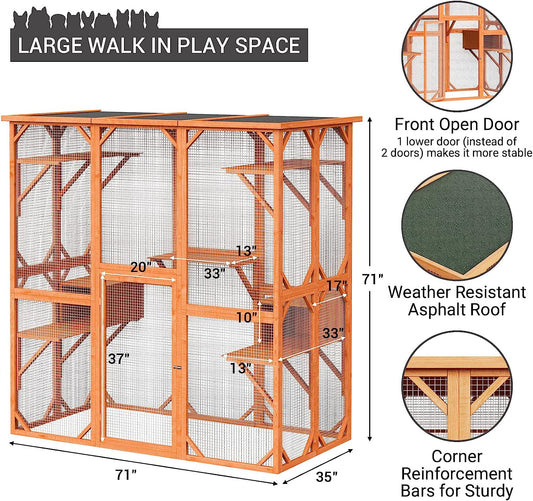 NARTRU Large Wooden Outdoor Cat Catio Enclosure, Large Cat House with Weather Protection, Walk in Cat Cage Condo with Super Large Enter Door ( Orange )