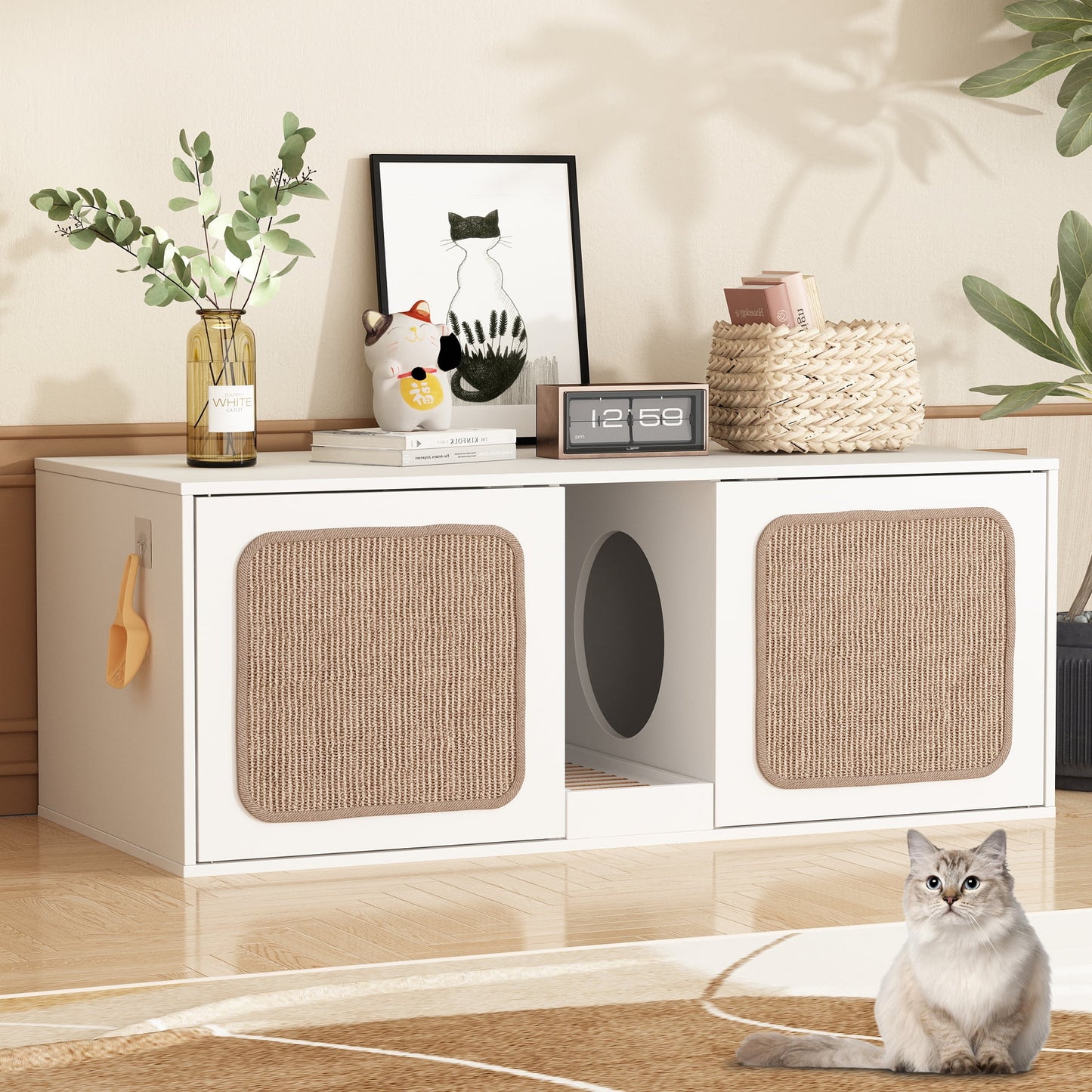 NARTRU 43.3" Hidden Cat Litter Box Enclosure Furniture Cabinet with Sisal Scratching Pads, Litter Filter for 2 Cats, White