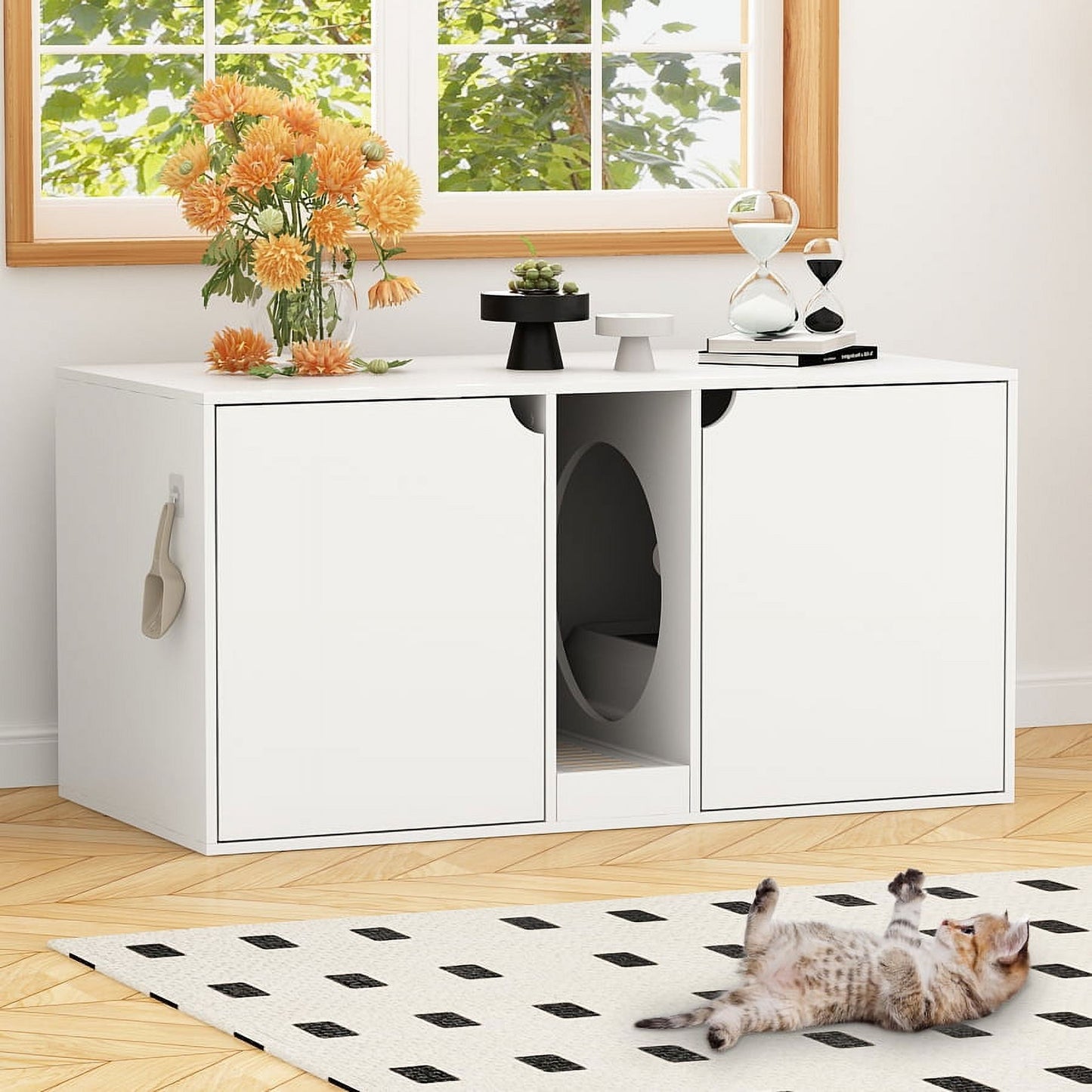 NARTRU 47.2" Wooden Large Double Cat Litter Box Enclosure Furniture Cabinet Washroom with Litter Filter for 2 Cats, White