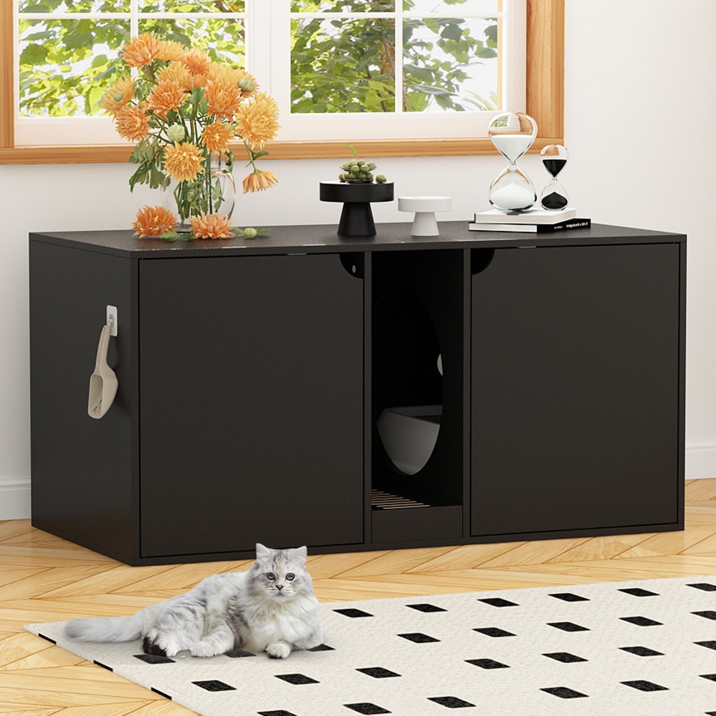 NARTRU 47.2" Wooden Large Double Cat Litter Box Enclosure Furniture with Litter Filter for 2 Cats, Black