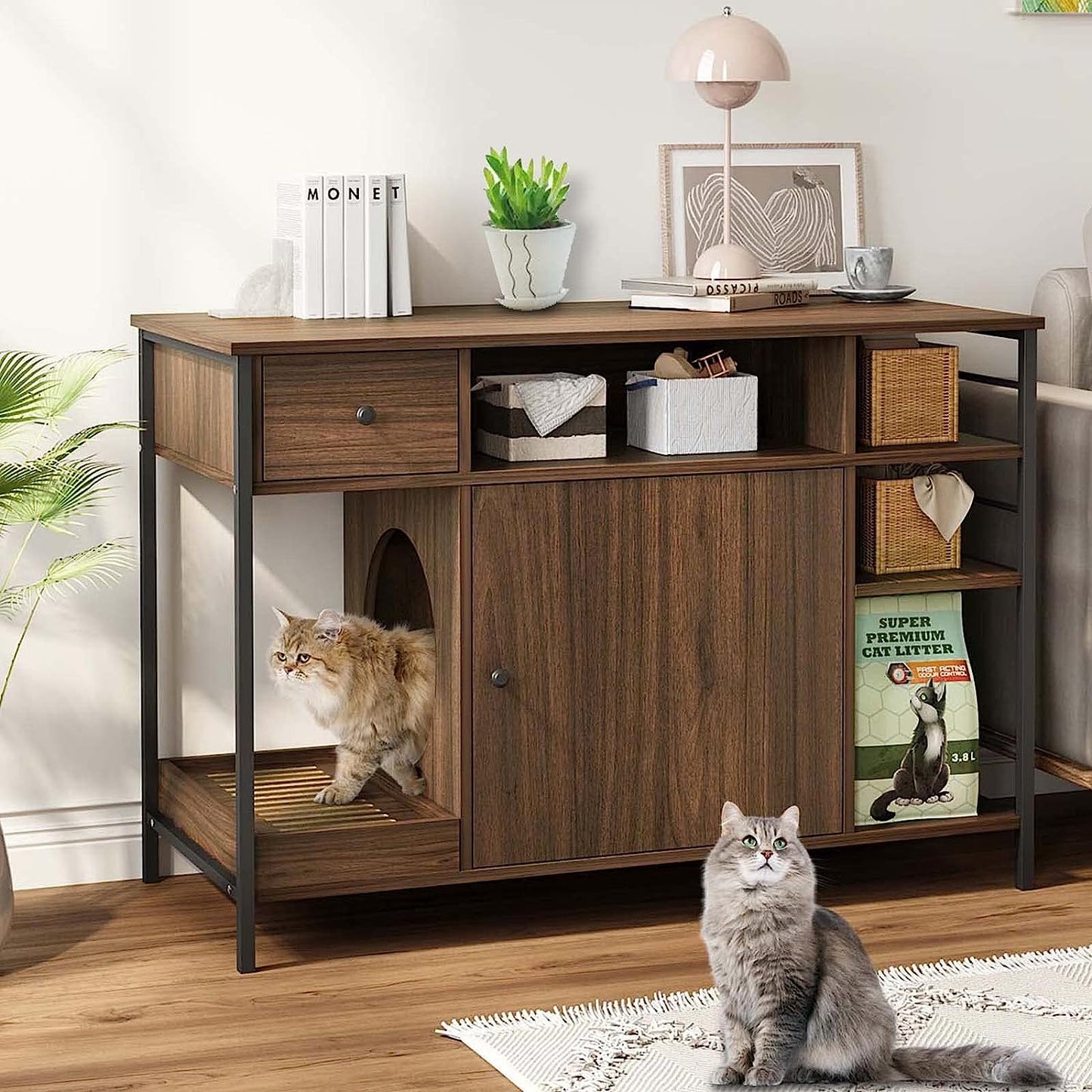 NARTRU 6 in 1 Wooden Cat Litter Box Enclosure Furniture with Litter Filter, Drawer and Shelves for Litter Boxes