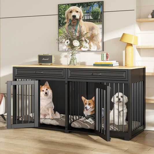 NARTRU 64.6" Large Double Dog Crate Kennel Furniture with Divider and 2 Drawers for 2 Small or Medium Dogs Indoor, Black