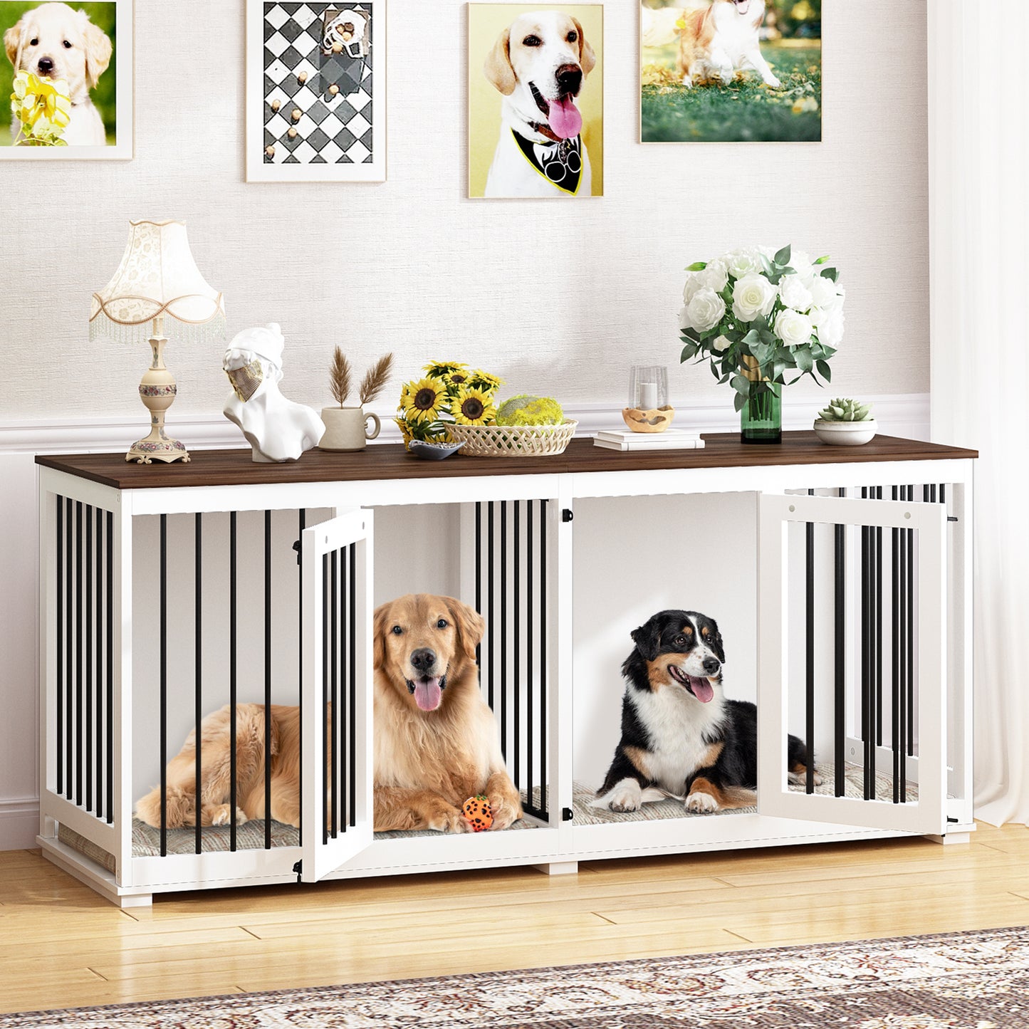 NARTRU 70.9" Large Double Dog Crate Kennel Furniture with Divider and Trays for Small Medium Large Dogs Indoor, White