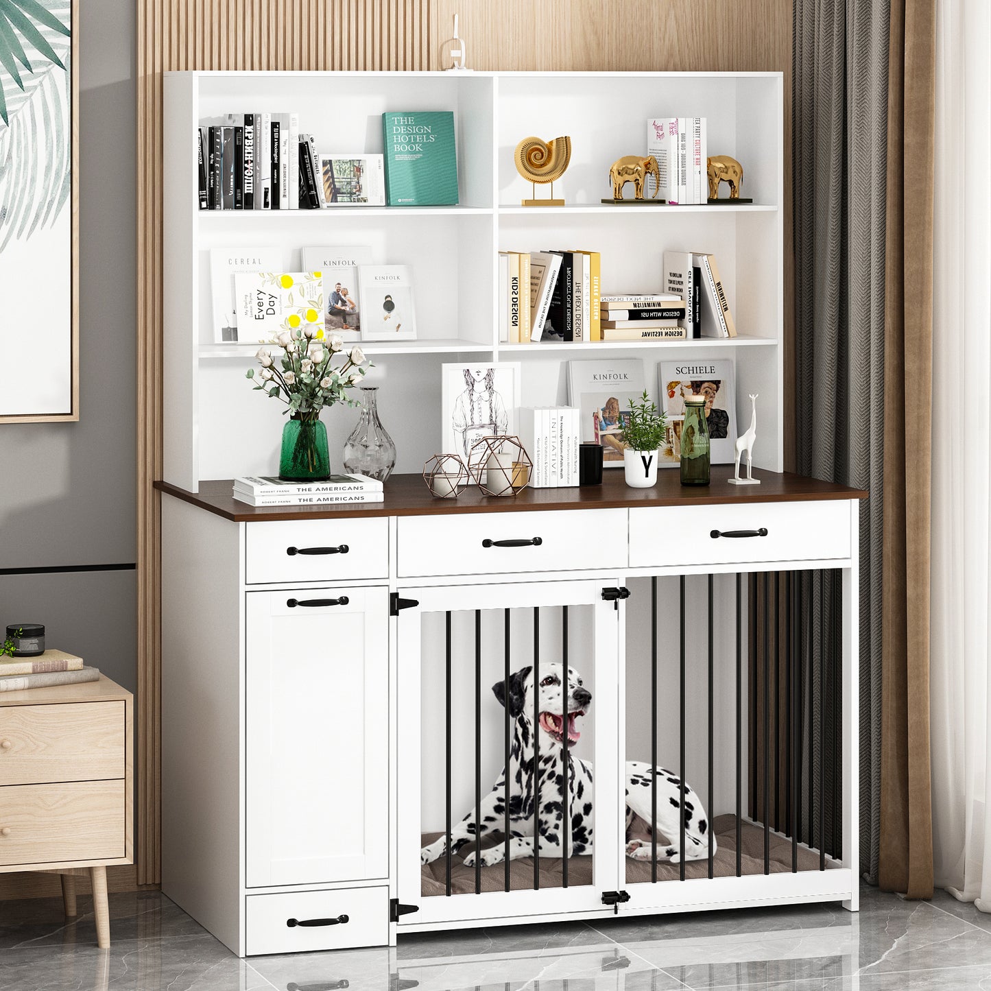 NARTRU Dog Crate Furniture with Storage, Wooden Dog Crate Cabinet with Dog Bowls, Dog Food Storage, Drawers and Shelves for Small, Medium or Large dog, White