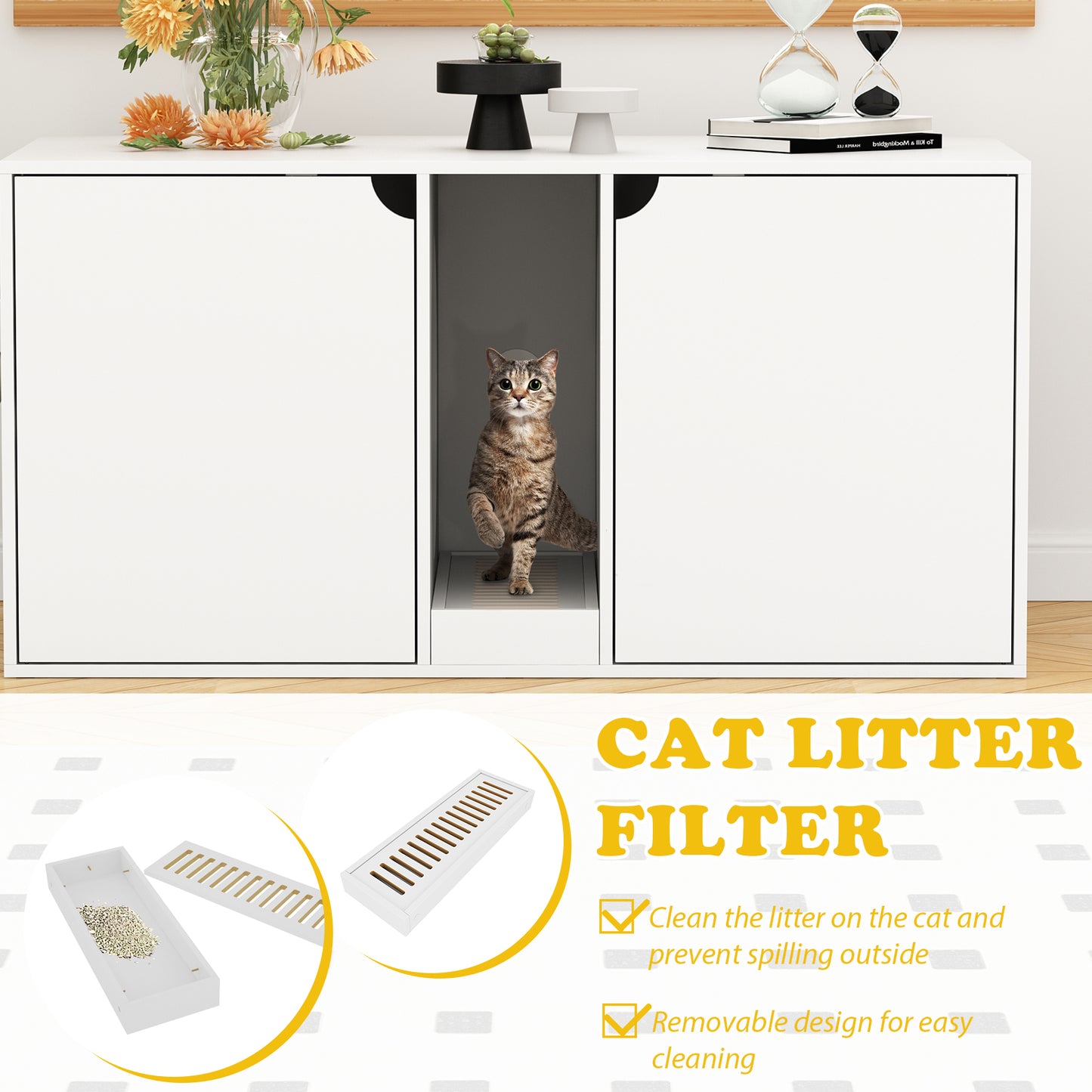 NARTRU 47.2" Wooden Large Double Cat Litter Box Enclosure Furniture Cabinet Washroom with Litter Filter for 2 Cats, White