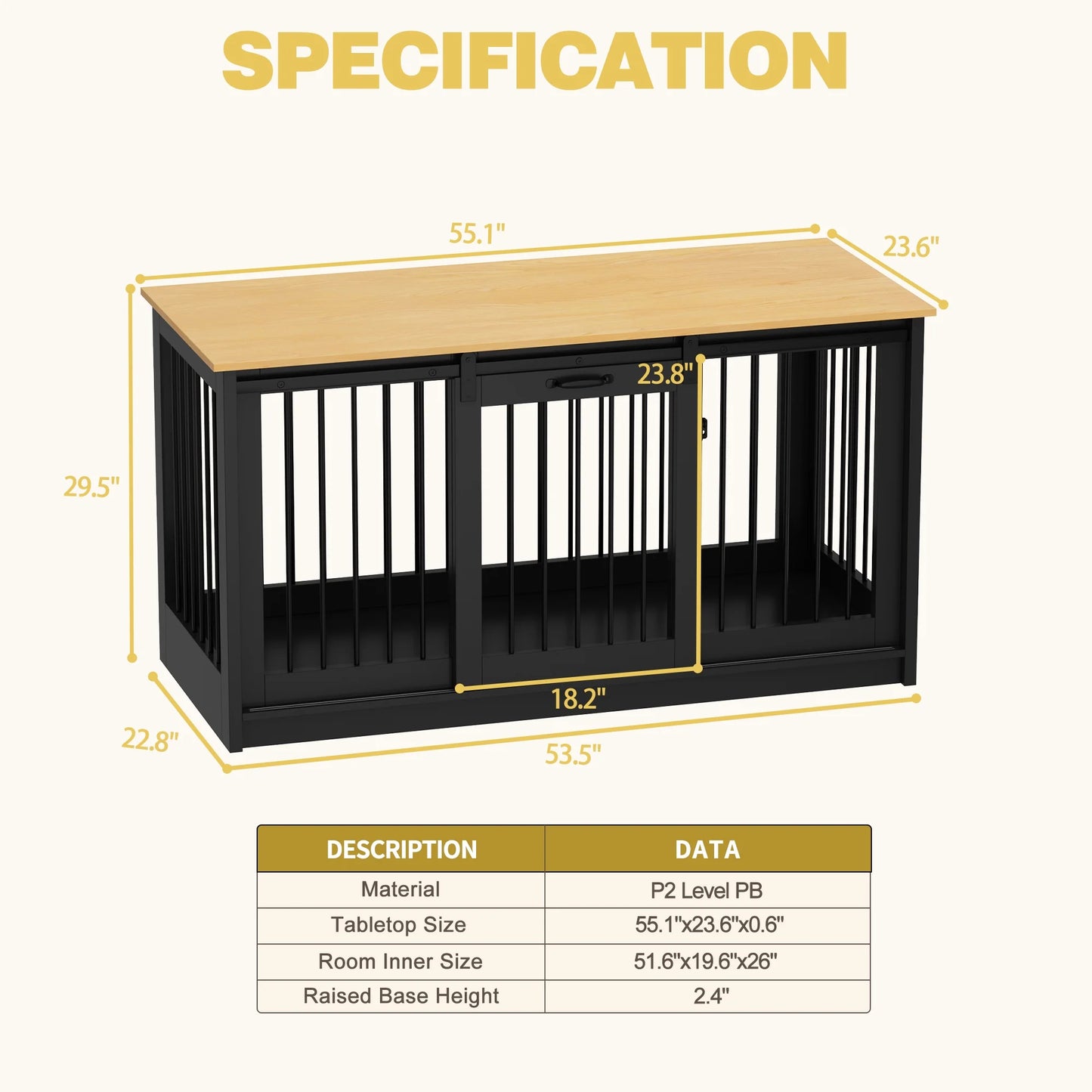 NARTRU 55.1" Dog Crate Kennel Cage Furniture with Sliding Door for Small, Medium and Large Dog, Black