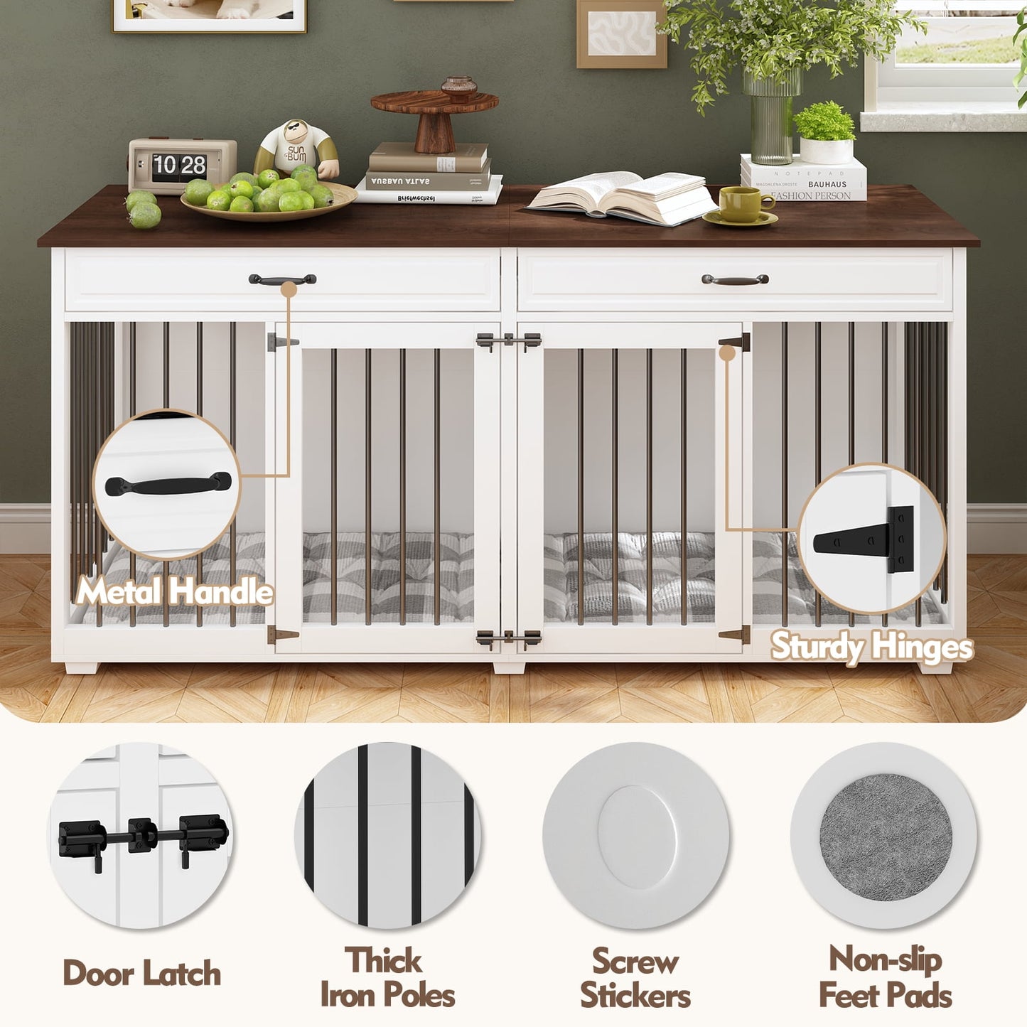 NARTRU 72.4" Large Double Dog Crate Furniture with Divider and 2 Drawers for 2 Medium or Large Dogs