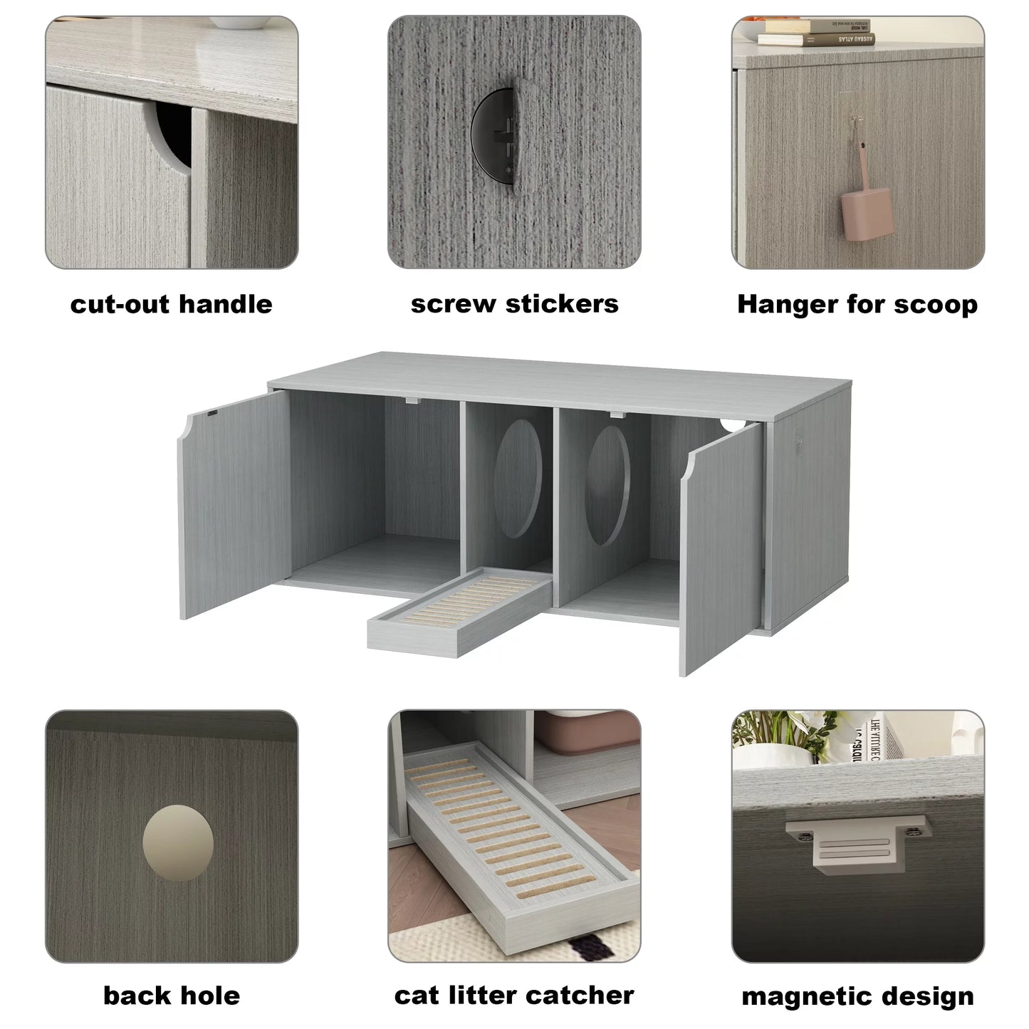 NARTRU Wooden Cat Litter Box Enclosure Furniture Washroom with Litter Filter for Litter Boxes, Gray