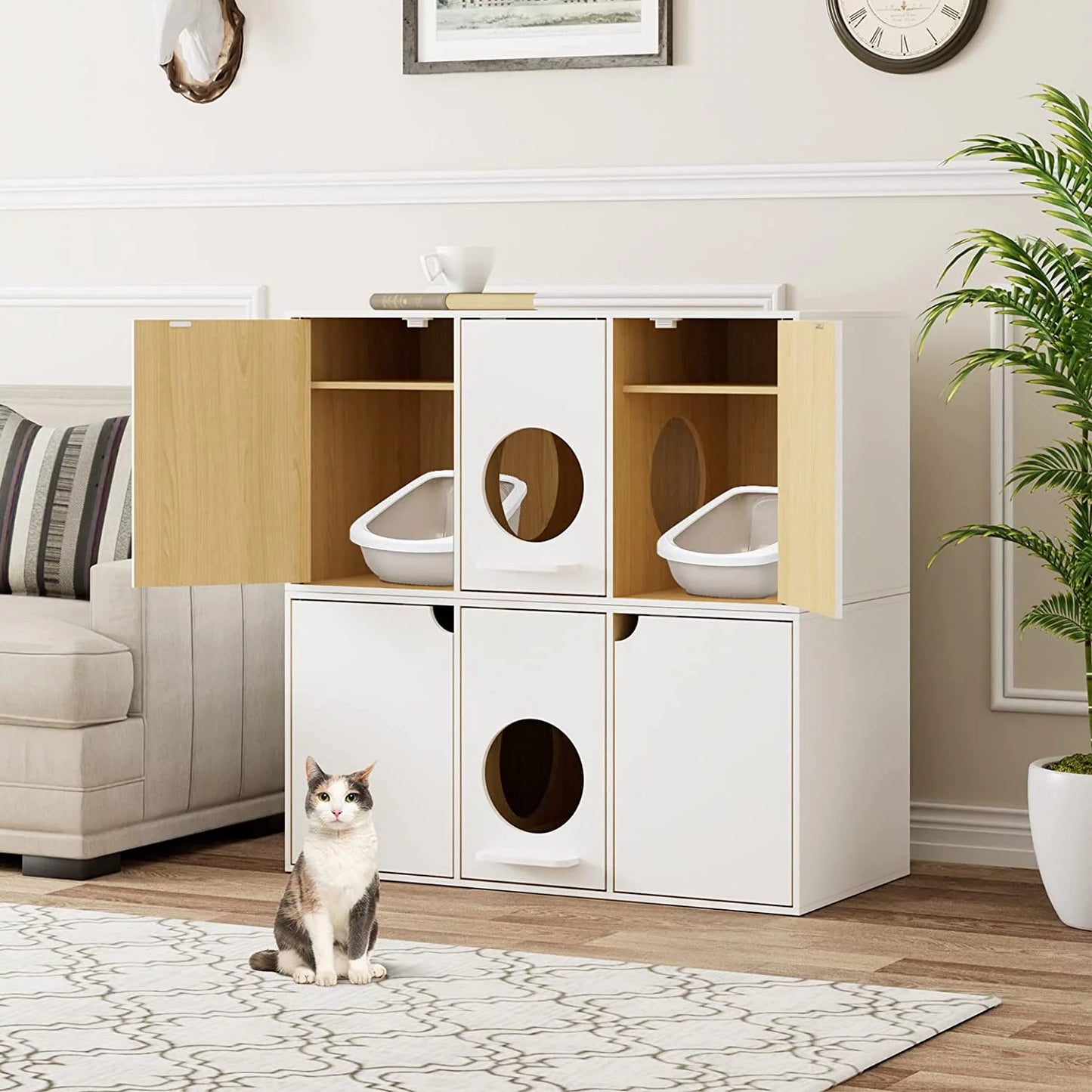 NARTRU 43" Cat Litter Box Enclosure, Modern Wood Cat Washroom Storage Cabinet, White