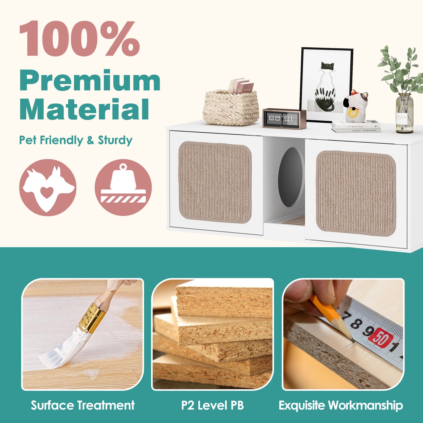 NARTRU 43.3" Hidden Cat Litter Box Enclosure Furniture Cabinet with Sisal Scratching Pads, Litter Filter for 2 Cats, White