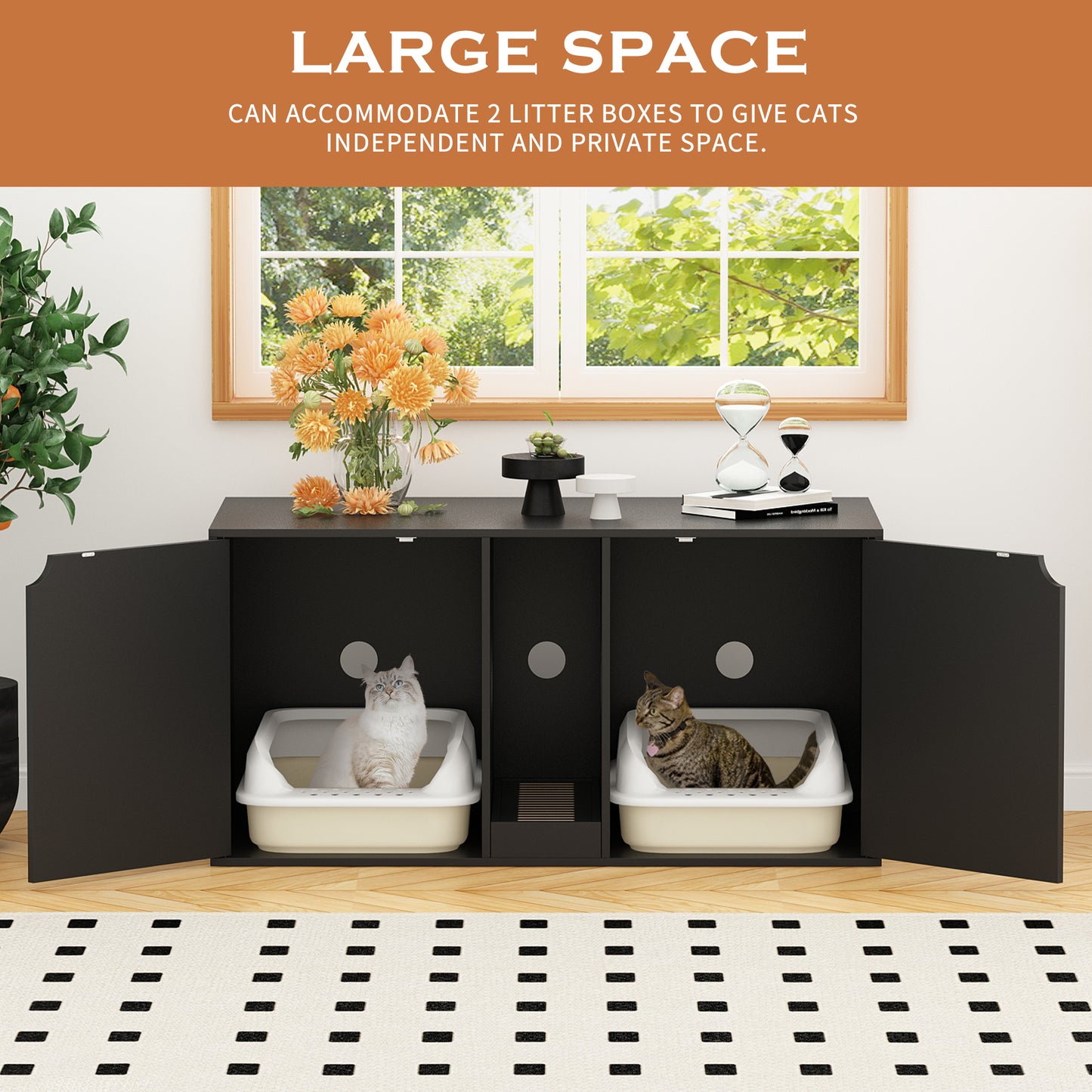 NARTRU 47.2" Wooden Large Double Cat Litter Box Enclosure Furniture with Litter Filter for 2 Cats, Black
