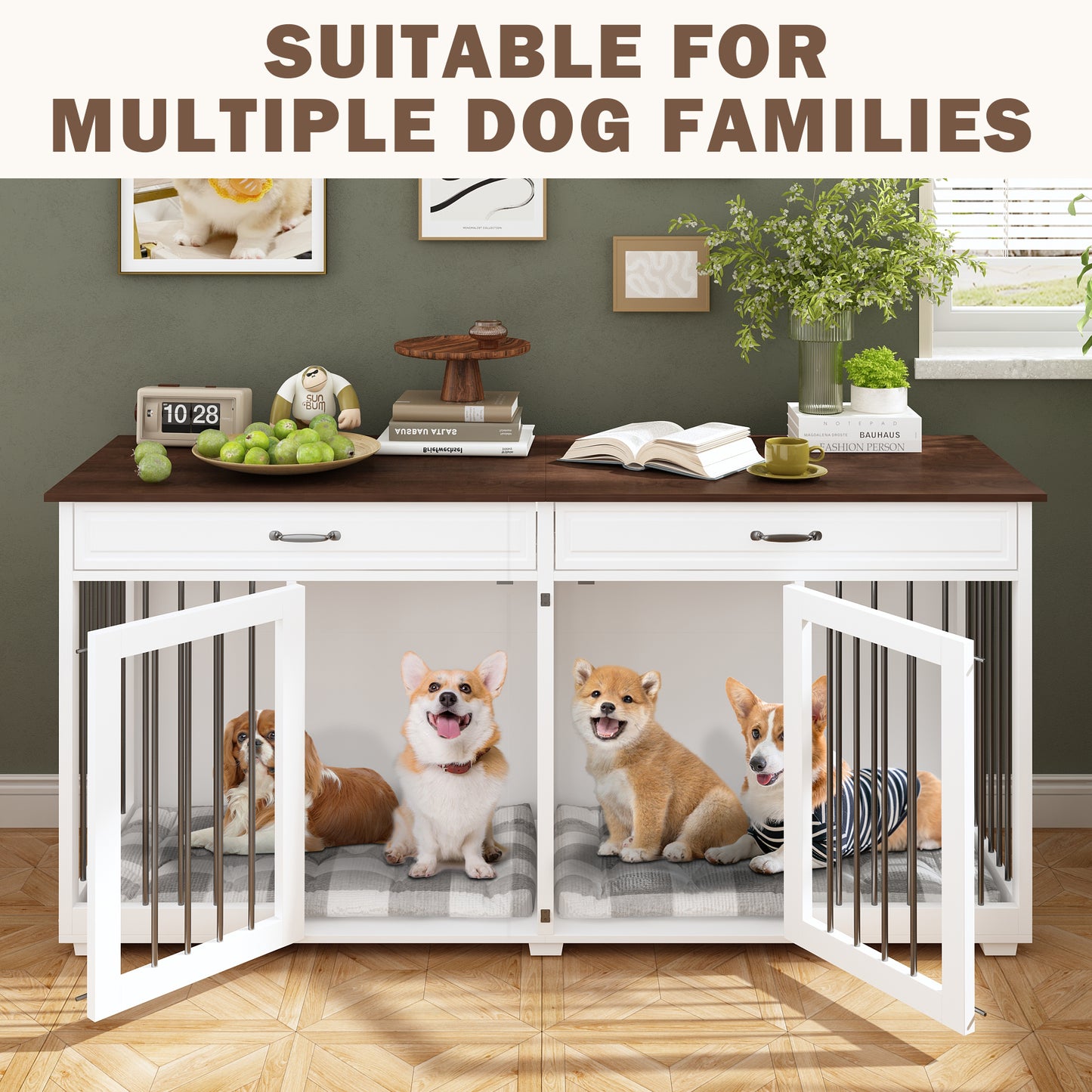 NARTRU 72.4" Large Double Dog Crate Furniture with Divider and 2 Drawers for 2 Medium or Large Dogs