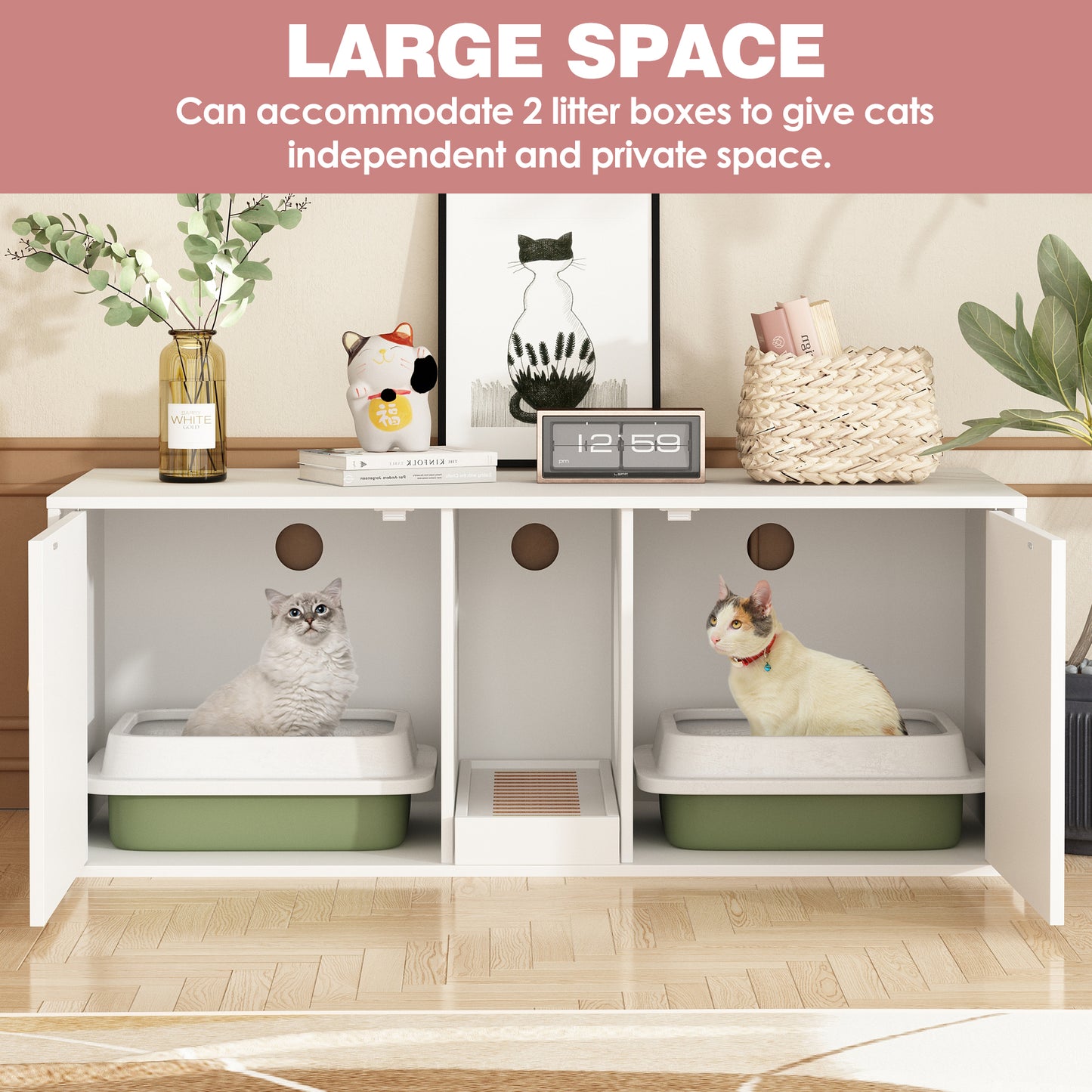 NARTRU 43.3" Hidden Cat Litter Box Enclosure Furniture Cabinet with Sisal Scratching Pads, Litter Filter for 2 Cats, White