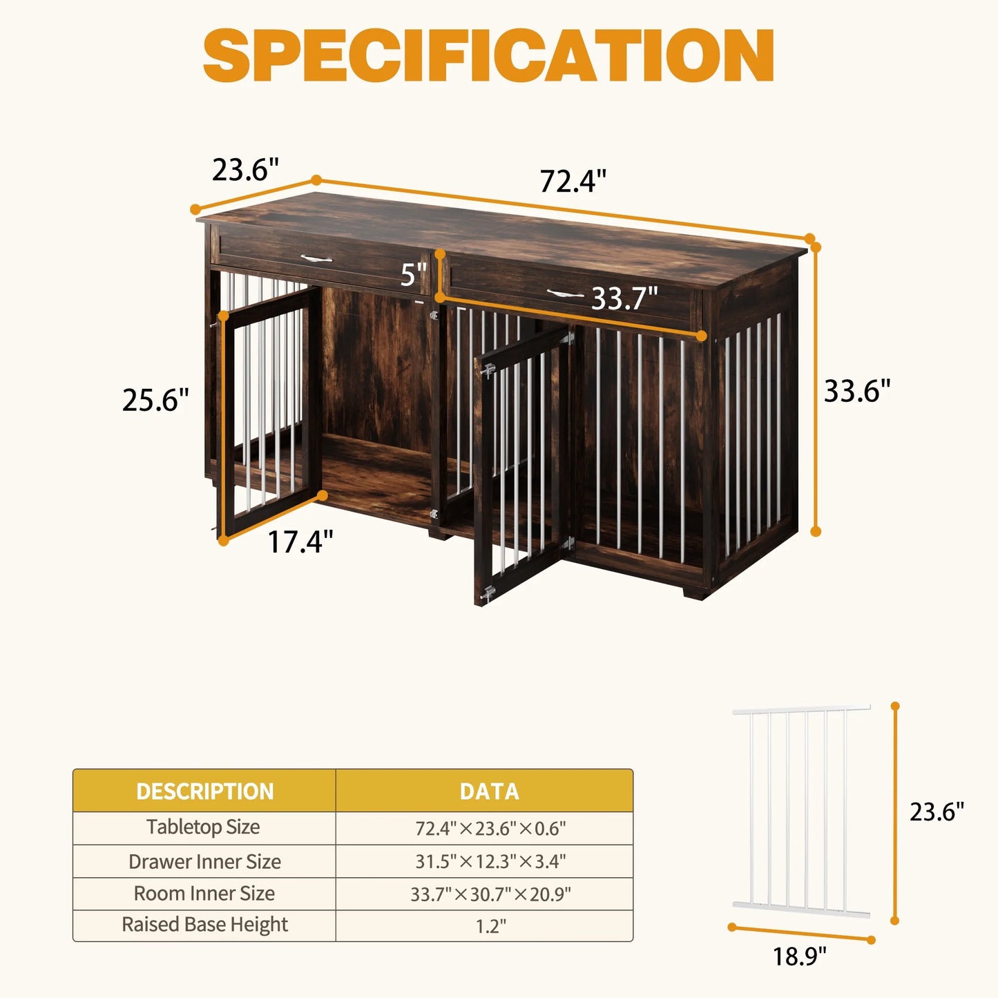 NARTRU 72.4" Large Dog Crate Furniture,Rustic Wooden Dog Kennel TV Stand, Drak Brown