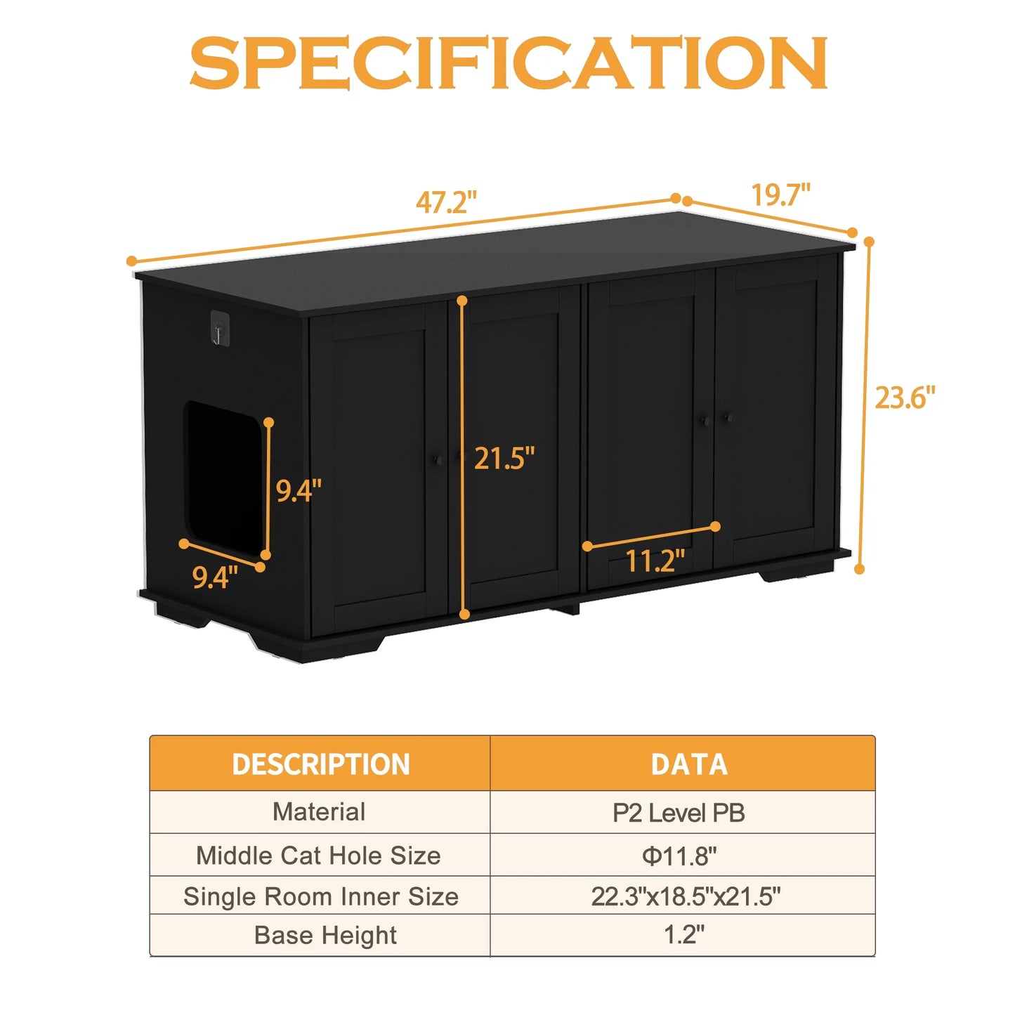 NARTRU Cat Wooden Double Litter Box Enclosure Furniture Cabinet for 2 Litter Boxes, Black