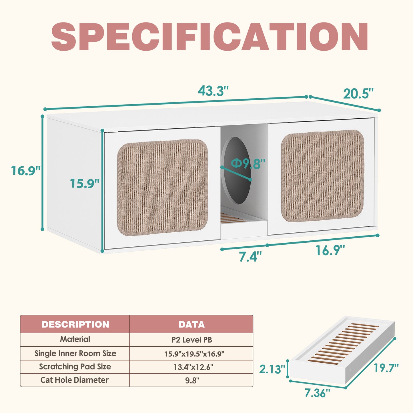 NARTRU 43.3" Double Cat Litter Box Enclosure Furniture Cabinet Wooden Washroom with Sisal Scratching Pads, Litter Filter for 2 Cats, White