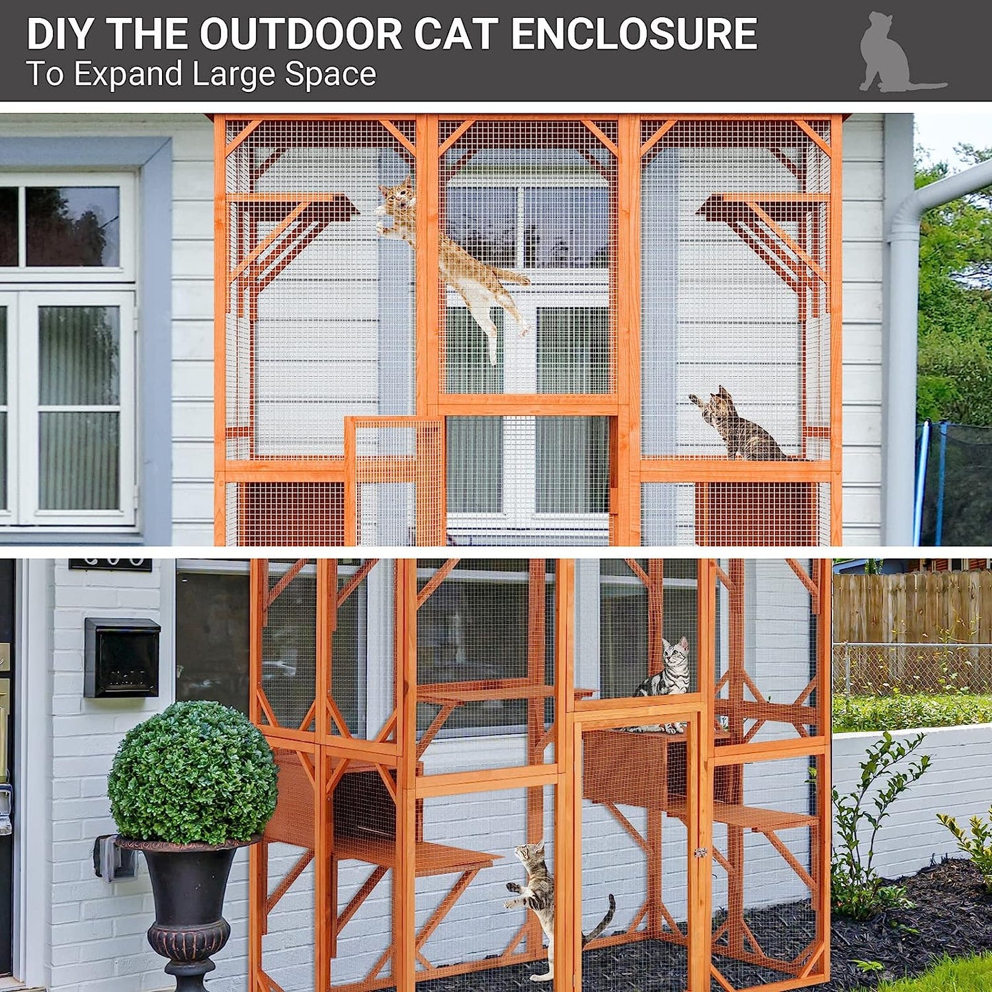NARTRU Large Wooden Outdoor Cat Catio Enclosure, Large Cat House with Weather Protection, Walk in Cat Cage Condo with Super Large Enter Door ( Orange )