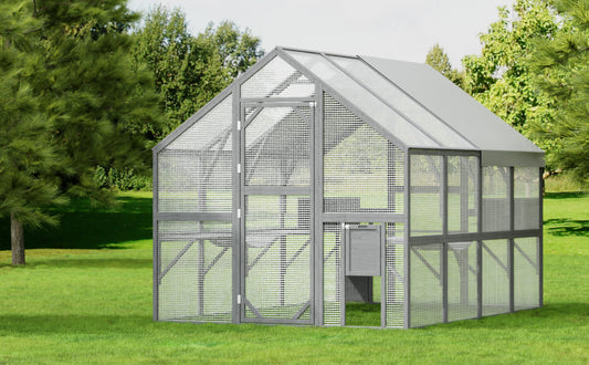 NARTRU 57.2ft² Large Wooden Outdoor Cat House, Cat Run Enclosure Walk in Cat Catio Cage with Enter Door, 2 Cat Doors, Roof Cover