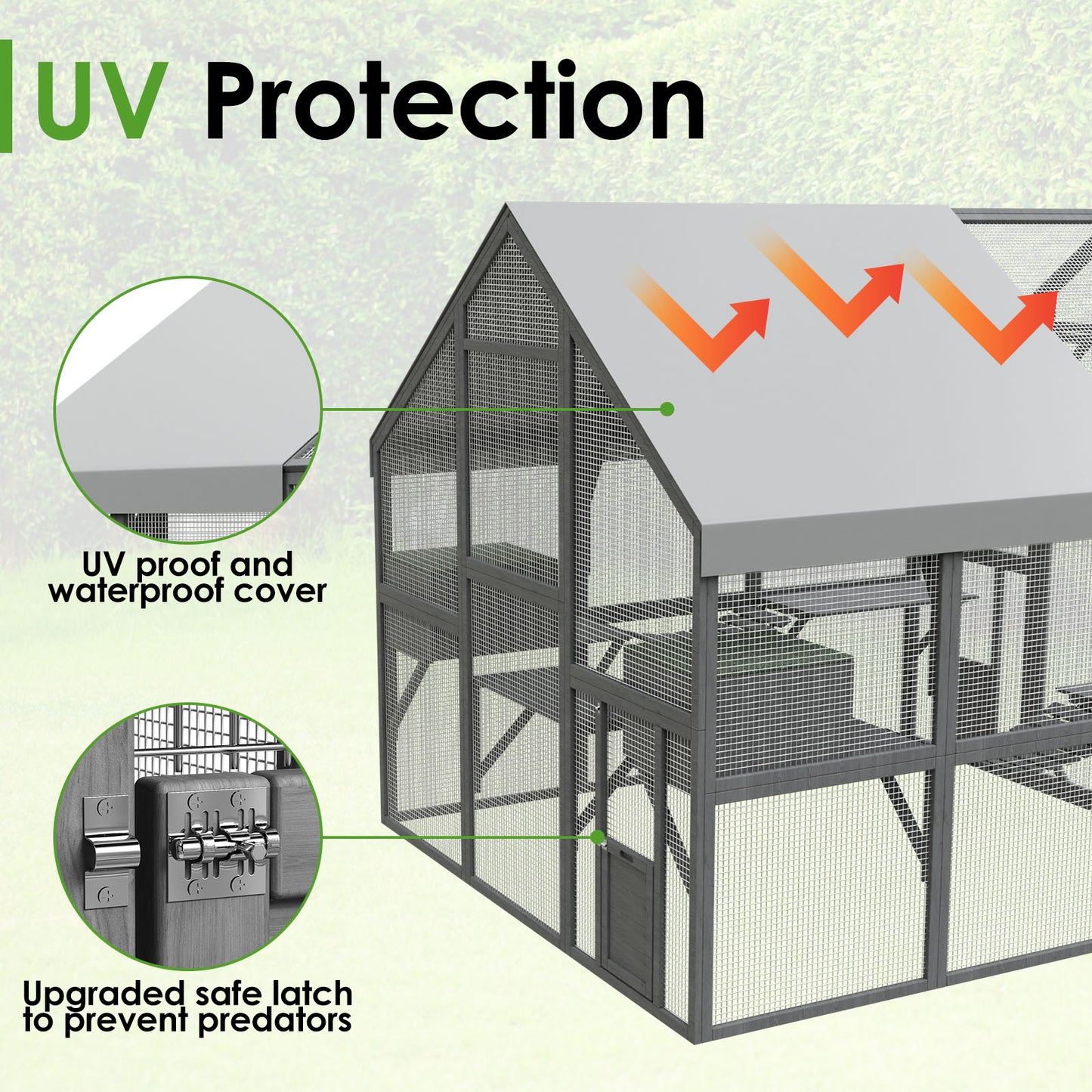 NARTRU 43ft2 Large Wooden Outdoor Cat House, Walk in Cat Catio Cage with Enter Door, 2 Cat Doors, Roof Cover