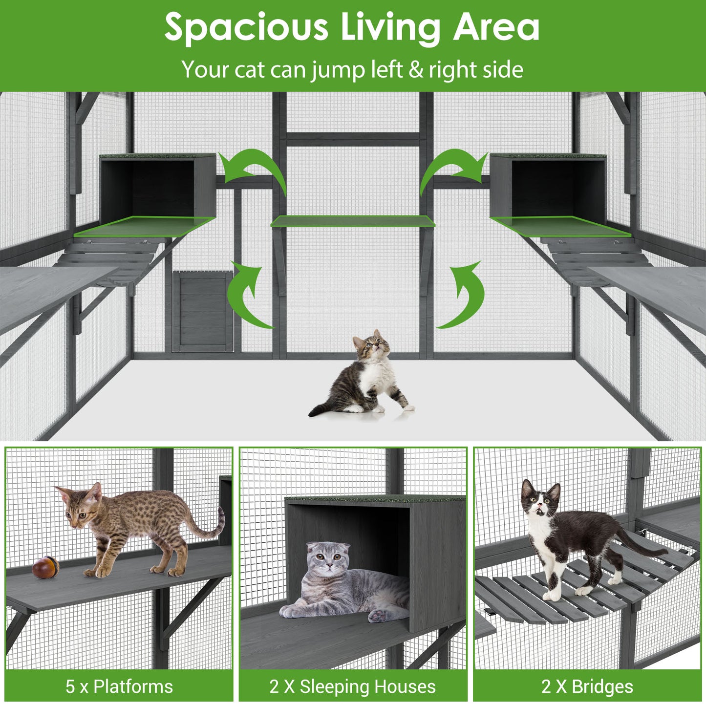 NARTRU 43ft2 Large Wooden Outdoor Cat House, Walk in Cat Catio Cage with Enter Door, 2 Cat Doors, Roof Cover