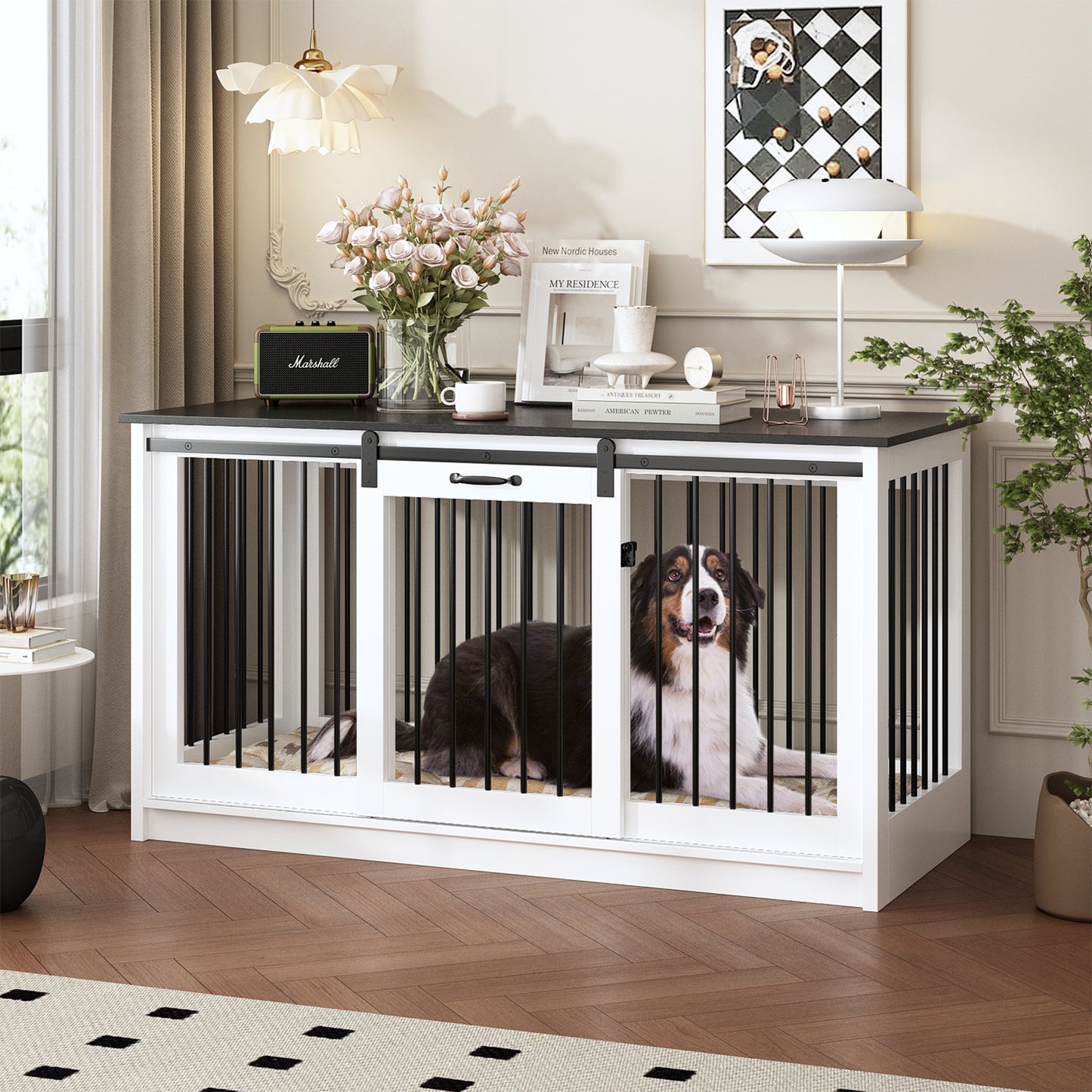 NARTRU 55.1" Dog Crate Kennel Cage Furniture with Sliding Door for Small, Medium and Large Dog, White