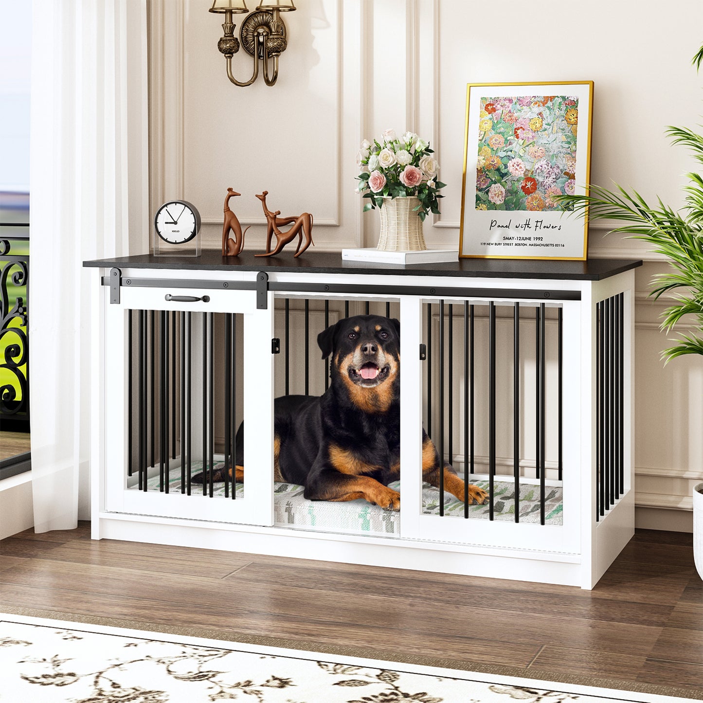 NARTRU 55.1" Dog Crate Kennel Cage Furniture with Sliding Door for Small, Medium and Large Dog, White