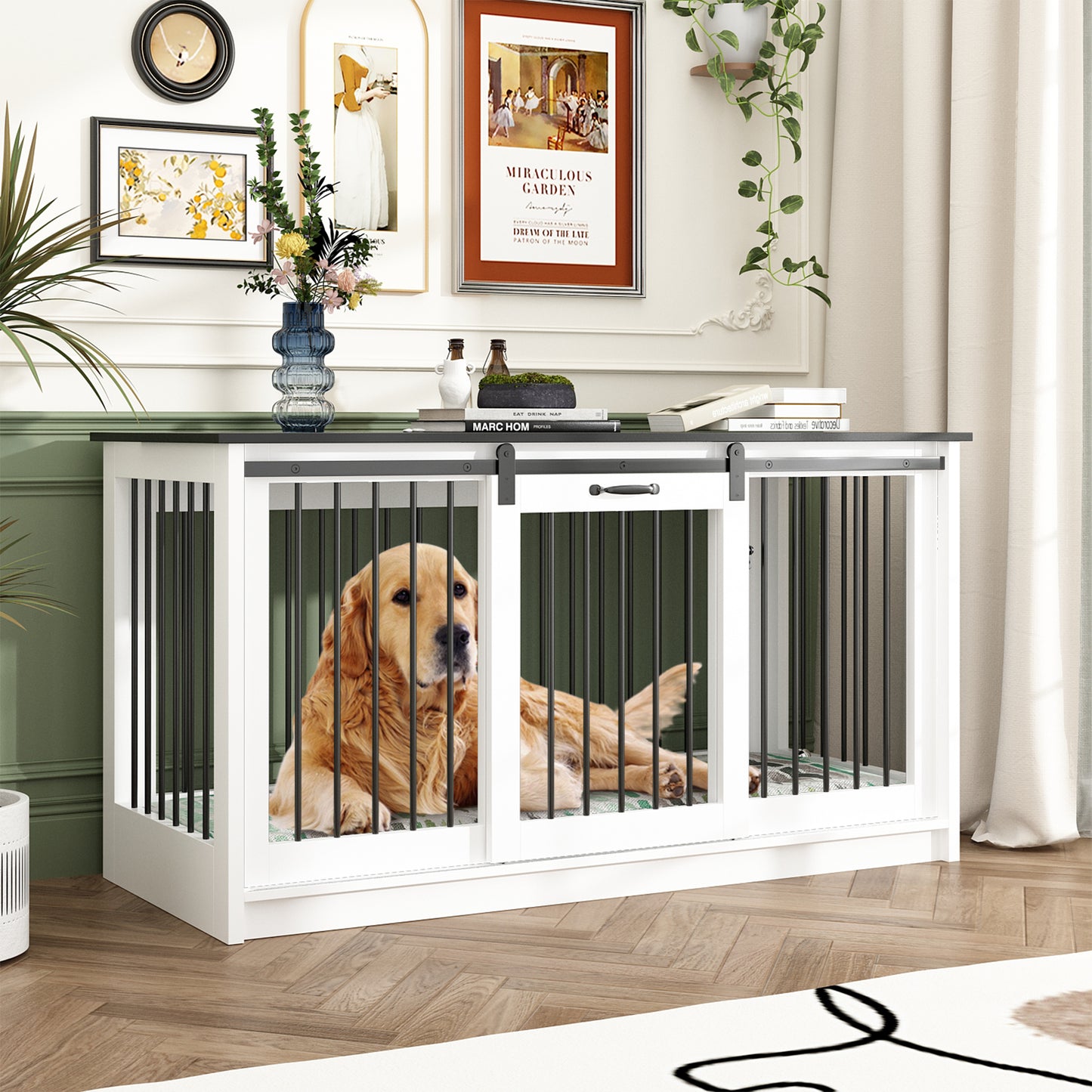 NARTRU 55.1" Dog Crate Kennel Cage Furniture with Sliding Door for Small, Medium and Large Dog, White