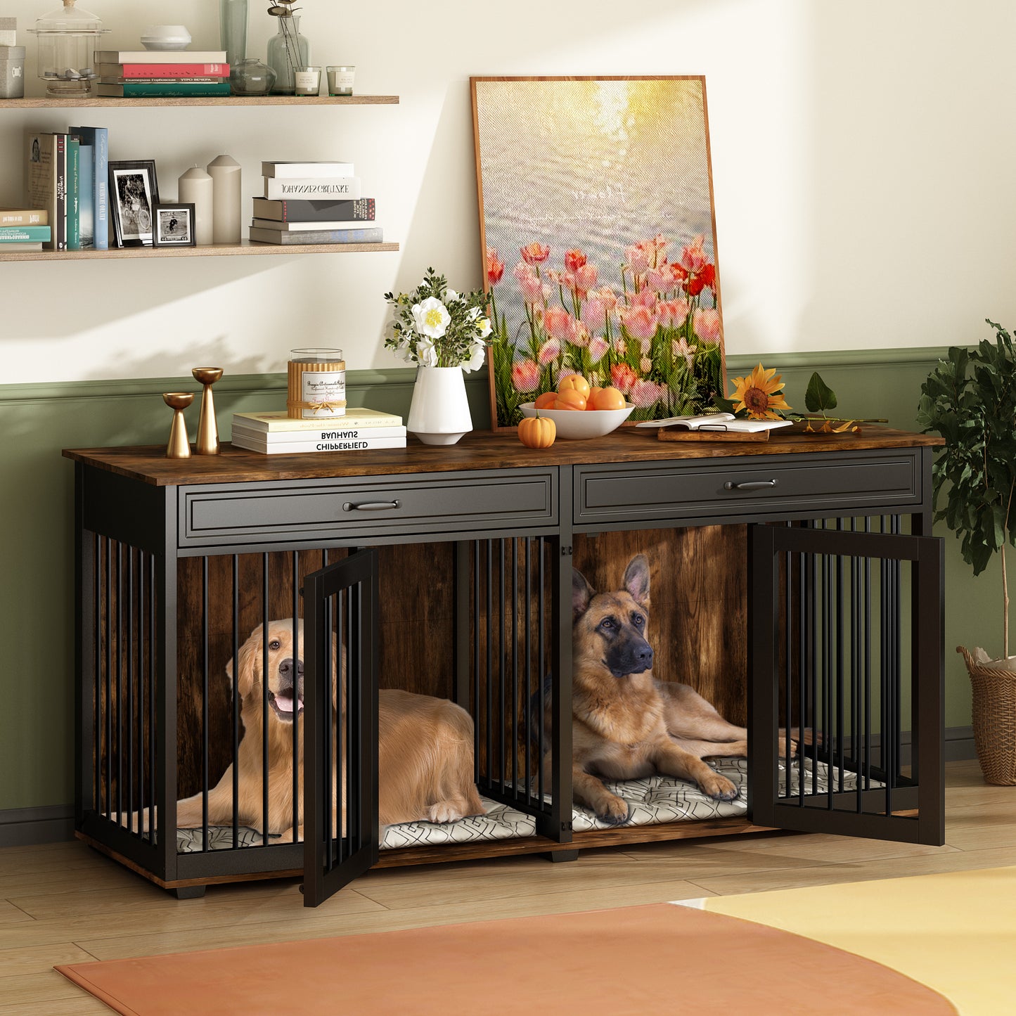 NARTRU 72.4" Large Double Dog Crate Kennel Furniture with Divider and 2 Drawers for 2 Medium or Large Dogs Indoor, Brown+Black