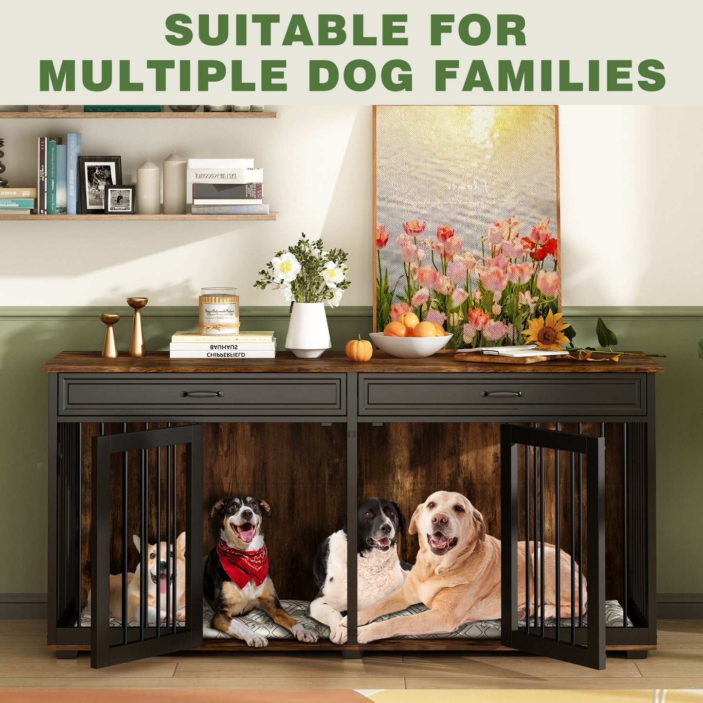 NARTRU 72.4" Large Double Dog Crate Kennel Furniture with Divider and 2 Drawers for 2 Medium or Large Dogs Indoor, Brown+Black
