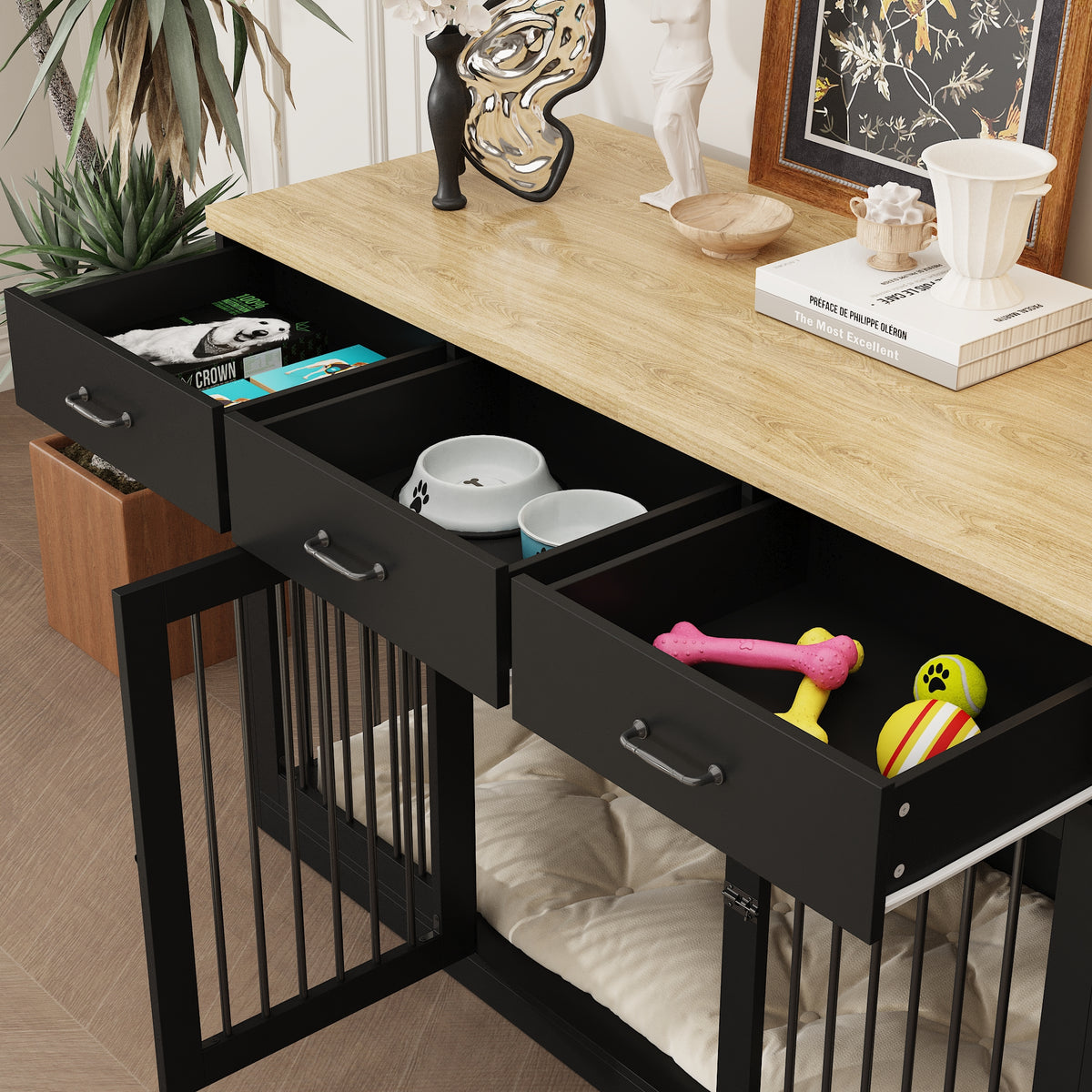 NARTRU 55.3" Dog Crate Kennel Cage Furniture with 3 Drawers for Small, Medium and Large Dog, Black