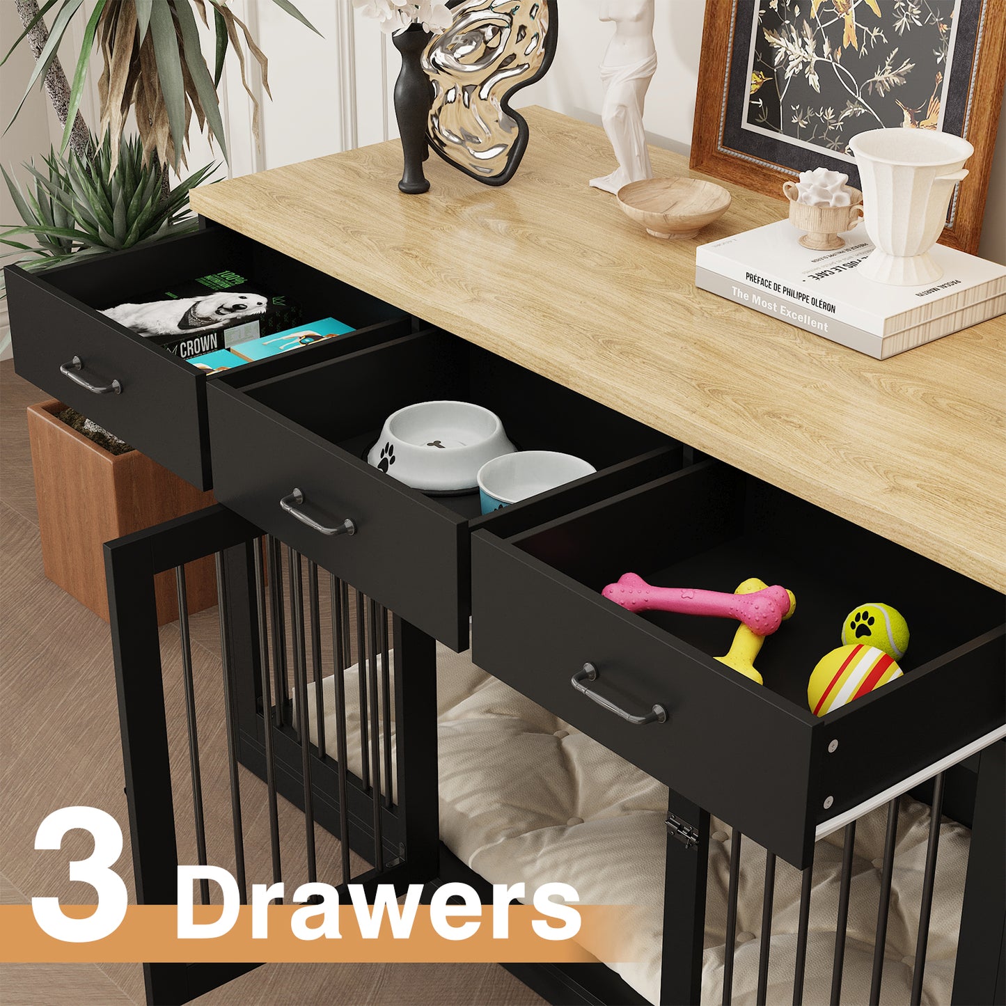 NARTRU 55.3" Dog Crate Kennel Cage Furniture with 3 Drawers for Small, Medium and Large Dog, Black